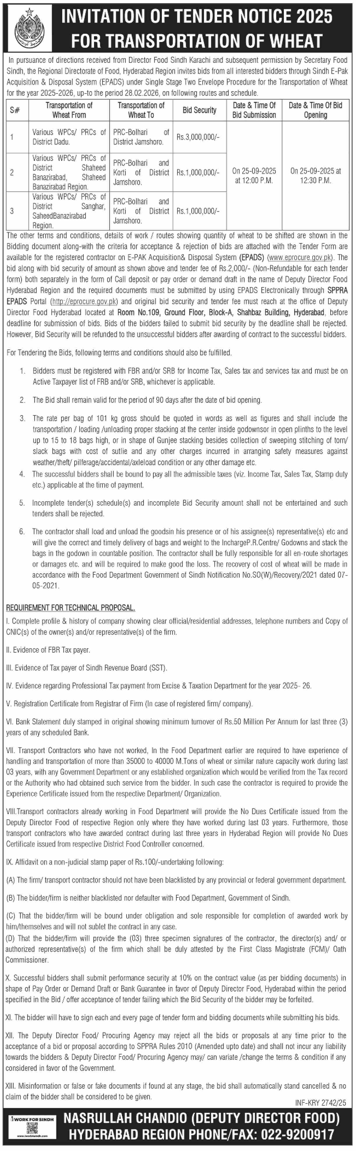 Food Department Karachi Tender Notice
